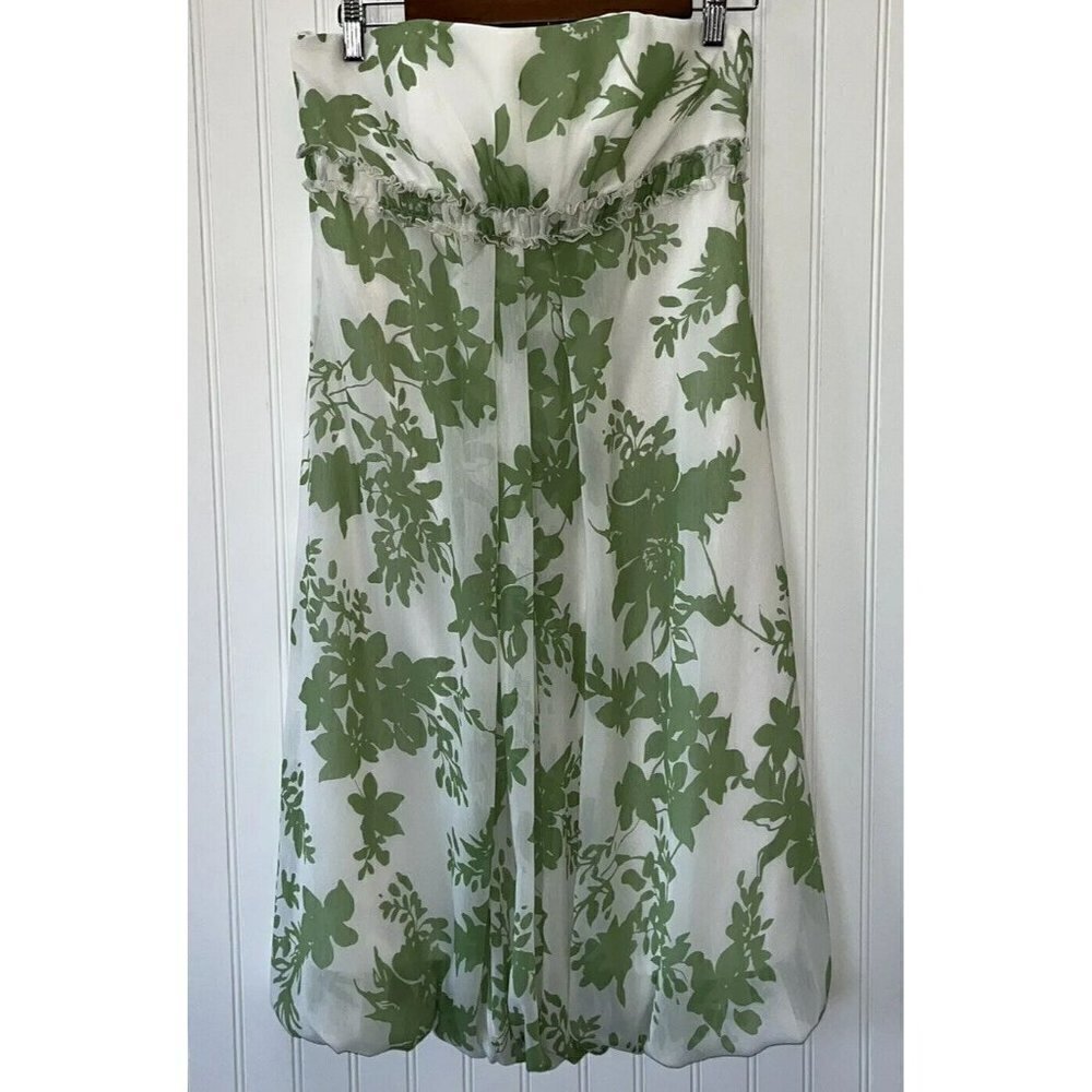 Davids Bridal Strapless Mint Green White Floral Bubble Hem Chiffon Dress…